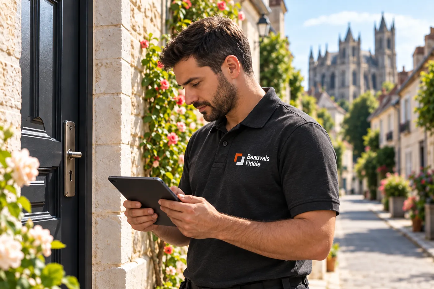Serrurier de Beauvais Fidèle en polo de l'équipe, diagnostic sur tablette devant une porte d'entrée à Beauvais